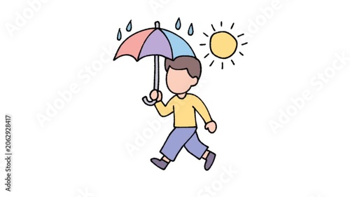 Cartoon character walking with colorful umbrella in sunny rain