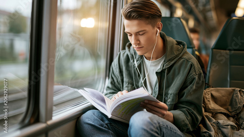 Student commuting by train, listening to music with earphones, focusing on a textbook near window. Studying on public transport