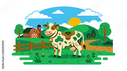 Dairy cow grazing on a farm near a red barn.