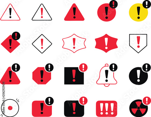 Large set of vector warning exclamation and alert icons isolated on transparent background