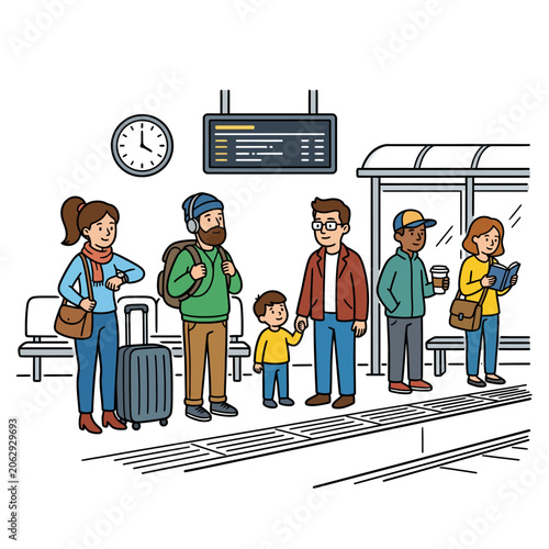 Diverse people wait for a train at a modern station platform