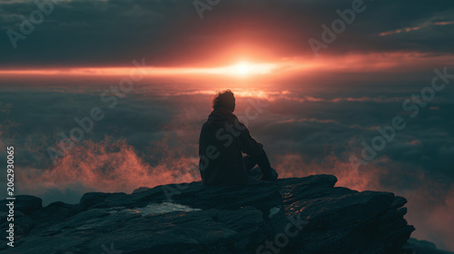 Dramatic silhouette of person standing on ocean rock cliff at stormy epic sunset sky