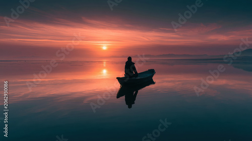 Silhouette of lonely man sitting in boat on perfectly mirrored lake at dramatic sunset