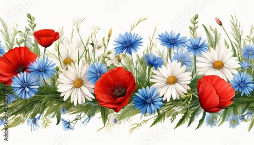 horizontal seamless border with white daisies red poppies blue chicory flowers and green grass and herbs floral garland