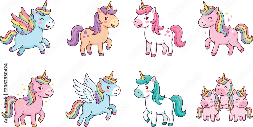 Fototapeta premium Cute Cartoon Unicorn Character Poses Set with Colorful Rainbow Mane Flying Pegasus Wings and Magic Stars Vector Illustration for Children Fantasy Designs