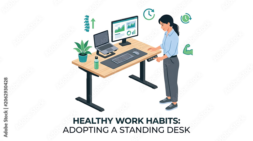 Fototapeta premium Woman using adjustable standing desk for healthy work habits, isometric illustration