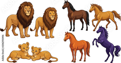 Photography Cartoon Wildlife and Farm Animals Set Featuring Majestic Lions Fluffy Lion Cubs