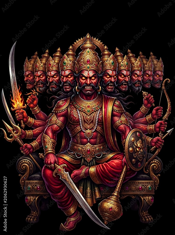Fototapeta premium Ten Headed Ravana King of Lanka Mythological Illustration.