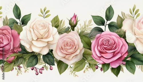 floral seamless garland with pink and white rose flowers and green leaves horizontal seamless border