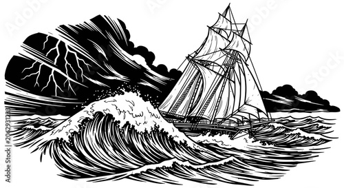 Foto Sailing Ship in Stormy Ocean Graphic Illustration