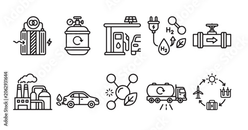 Fotografie Set of alternative energy and sustainable hydrogen industry line icons