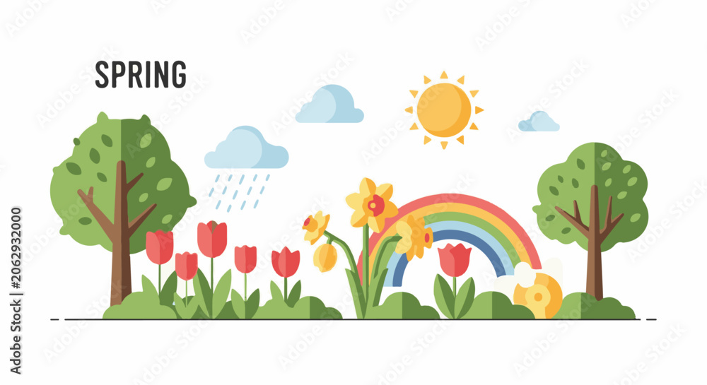 Naklejka premium A colorful spring scene with rainbow, flowers, trees, and sun