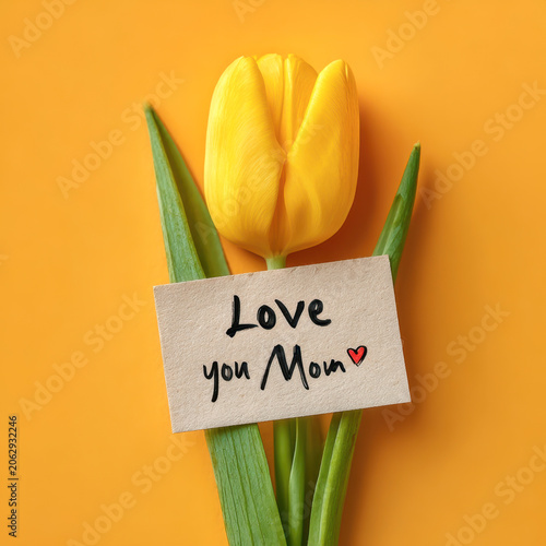 Creative flat lay top view Mothers Day greeting card with red tulips spring flowers on pink background