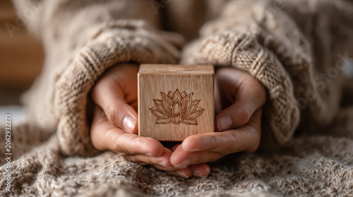 wellness and Mindful Living. Hands gently holding a wooden block engraved with a human profile and lotus flower