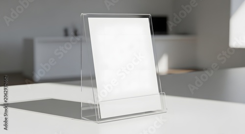 Clear acrylic stand with blank white paper on a modern white table, perfect for displaying information or promotions in an office setting.