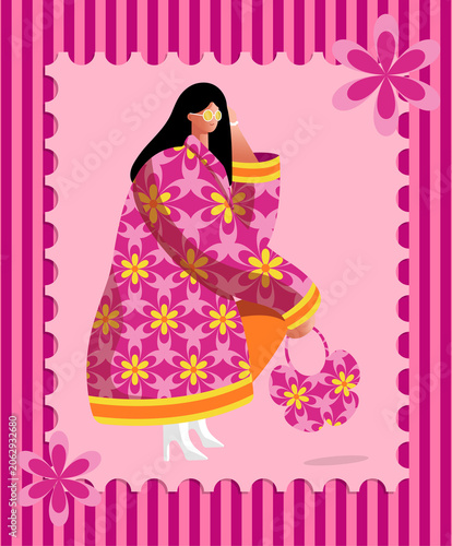 Vintage Fashion Postcard Template with Groovy Floral Pattern Illustration,Bold Street Style Fashion Character Vector Illustration.