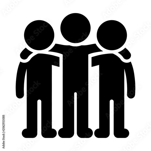 Three people standing closely together with arms around each other’s shoulders in a minimalist black silhouette style.