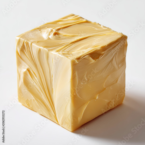 Close up of a creamy golden yellow butter block with smooth textured surface and glossy finish on white background