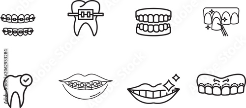 Dental icons, teeth symbols, orthodontic signs, oral care graphics, 8 icon set