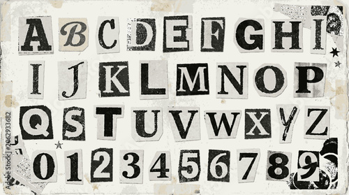 Alphabet and numbers cut from newspaper clippings for ransom note design