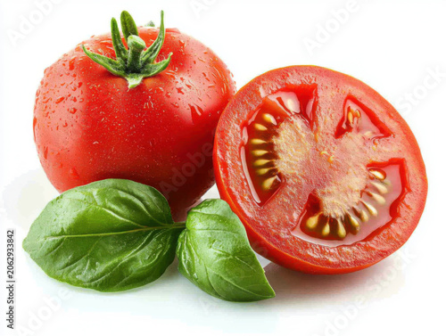 Fresh juicy red Tomato with cut in half isolated on white background.