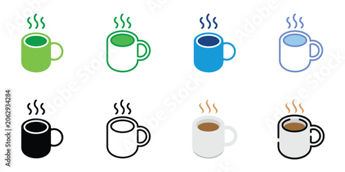 Hot Coffee Mug Icon Set Collection in Flat, Outline, Glyph and Colored Styles for Beverage, Cafe, Tea and Drink Vector Illustration