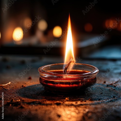 Close-up of a traditional oil lamp with flicke flame on textured surface du evening