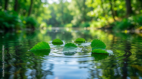 World Environment Day sustainable nature background with floating leaves on reflective water, serene ecological concept, sunlight sparkles, minimal environmental design and conservation awareness i...