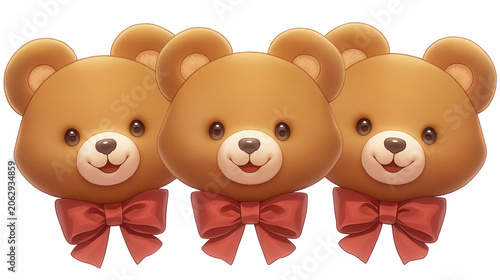 Three teddy bear heads on white background