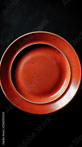 Elegant set of ed ceramic plates with a warm terracotta finish on a dark background for dining and presentation