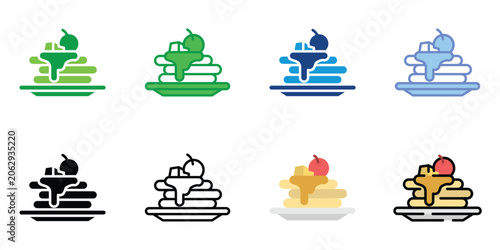 Pancake Stack with Syrup and Cherry Icon Set in Flat, Line and Glyph Style, Breakfast Dessert Food Vector Illustration Collection