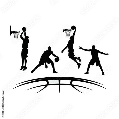 Canvas-taulu Basketball Players Silhouette Dunking, Dribbling and Defending Over Stylized Cou