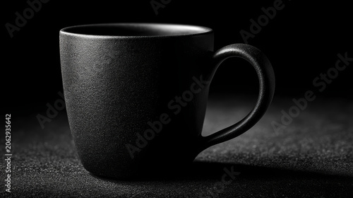 Black ceramic coffee mug with textured surface and curved handle on dark background for beverage drinking