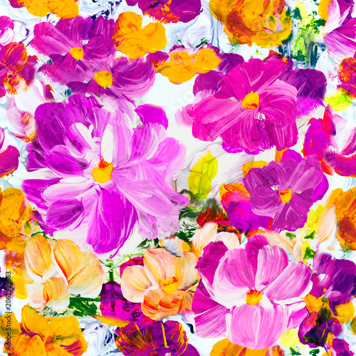 Seamless pattern of abstract painting pink and yellow flowers, original hand drawn, impressionism style, color texture, brush strokes of paint,  art background.