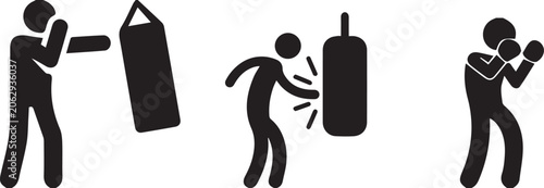 Photos boxing, fighter, punching bag, martial arts, sport icons, black silhouette, vect