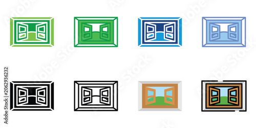 Open Window Icon Set Collection – Home Ventilation, Fresh Air, Interior Architecture and Window Frame Vector Icons