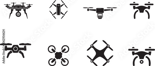 Drone icons, vector drone symbols, black drone graphics, aerial vehicle illustrations, 8 drone set