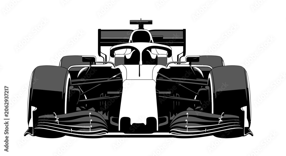 Naklejka premium Minimalist black and white vector illustration of a formula racing car front view designed for sports branding and modern graphic design projects and concepts