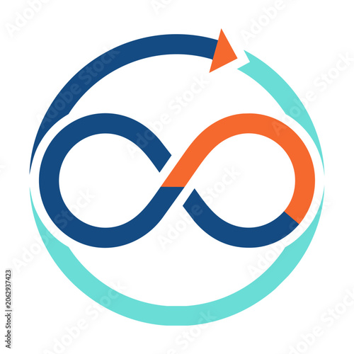 Minimalist circular icon with interconnected infinity loops and an integrated arrow on white background symbolizing continuous progress and fluid motion concept