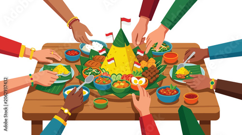 Diverse hands gather around a traditional Indonesian Nasi Tumpeng feast, symbolizing unity and communal celebration with delicious cultural cuisine.