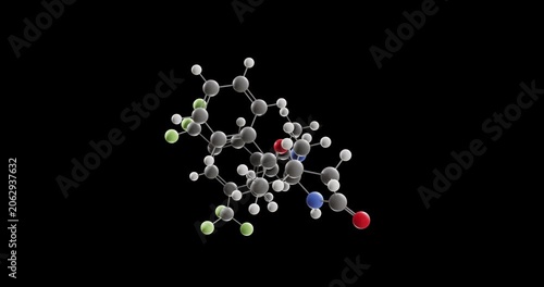 Rolapitant molecule, rotating 3D model of antiemetic agent, looped video on a black background

