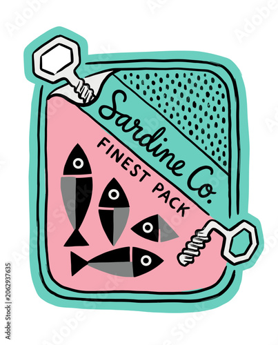 Vintage style graphic illustration of a sardine can label in teal and pink colors with minimalist fish icons and winding keys, isolated on a white background with hand-drawn texture.