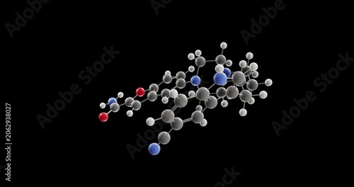 Vilazodone molecule, rotating 3D model of antidepressant, looped video on a black background

