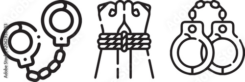Obraz na plátne Handcuffs, bound hands, police arrest icons, black line art, crime symbols, vect