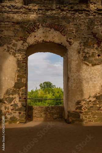 Ruins of a 17th-century palace in Krzyżtopór. A large exterior window. Background: Ujazd, Świętokrzyskie Province, Poland