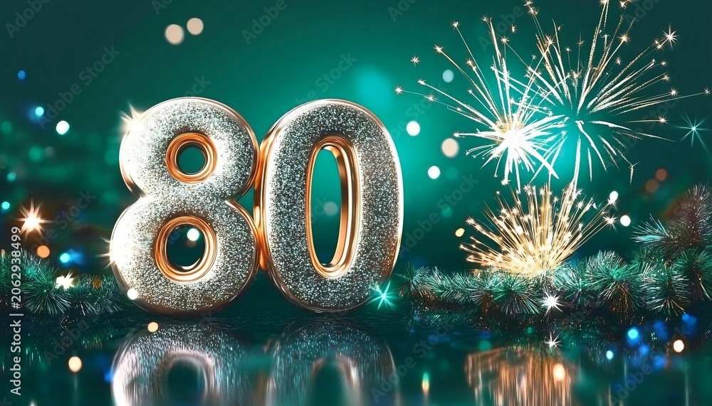 Fototapeta premium Vibrant Festive Celebration Featuring Number 80 with Emerald Green Backdrop and Fireworks Display