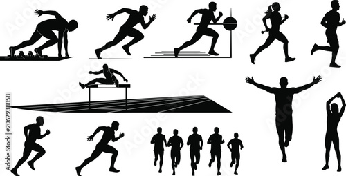 Foto Running silhouette icon set, track athlete, sprinter start, hurdler jump, finish