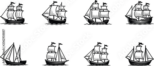 Konstfotografi Sailing ship icons, vintage vessel silhouettes, maritime vector illustration, oc