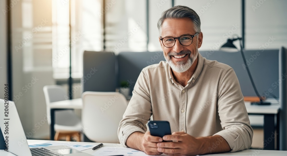 Obraz premium Confident Mature Businessman Smiling while Holding Smartphone in Modern Office Workspace