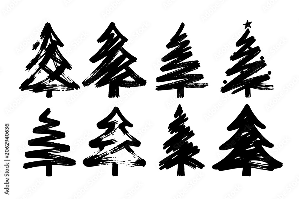 Fototapeta premium Collection of abstract Christmas tree icons drawn in black brushstroke style on white background, concept of festive minimal art design